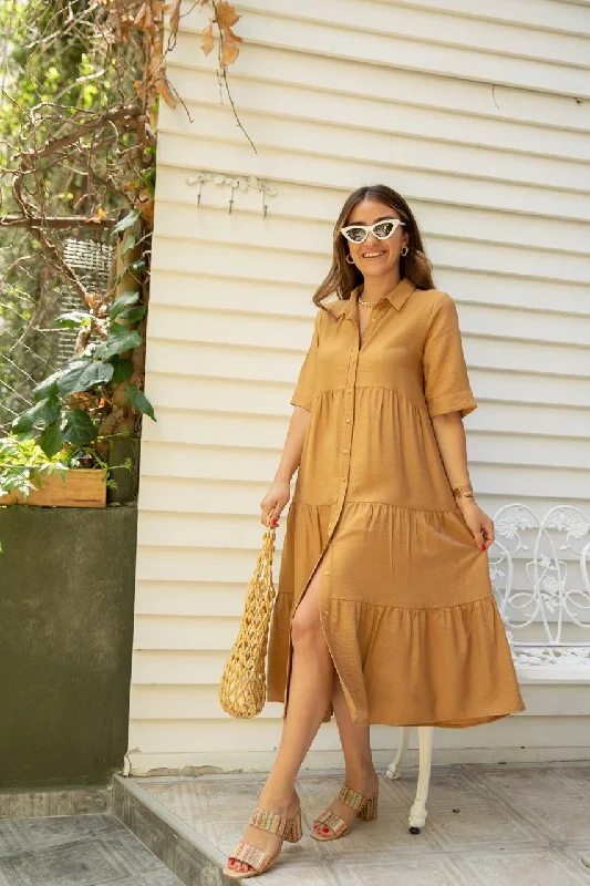 Camel Half Sleeve Shirt Dress