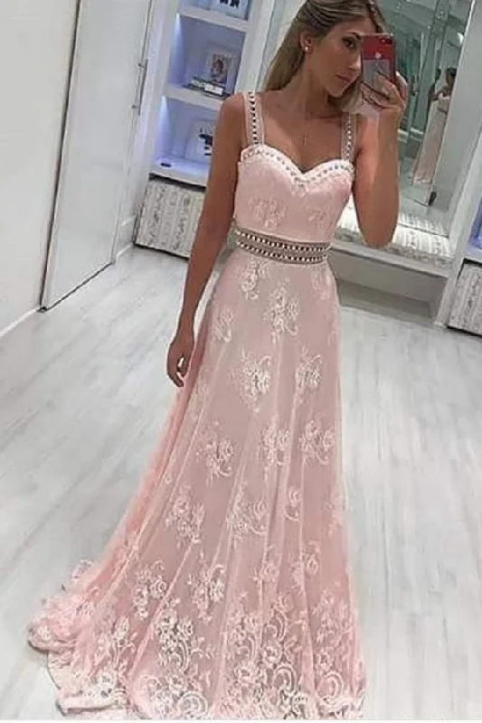 A Line Straps Lace Appliqued Prom Dress with Beads N1187