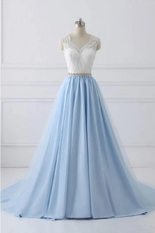 A Line V Neck Lace Appliques Bodice Long Prom Dresses Elegant Prom Dresses with Beads N1008