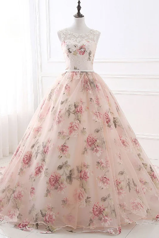 Ball Gown Print Prom Dress Lace Up Back Appliques Long Quinceanera Dress N1512