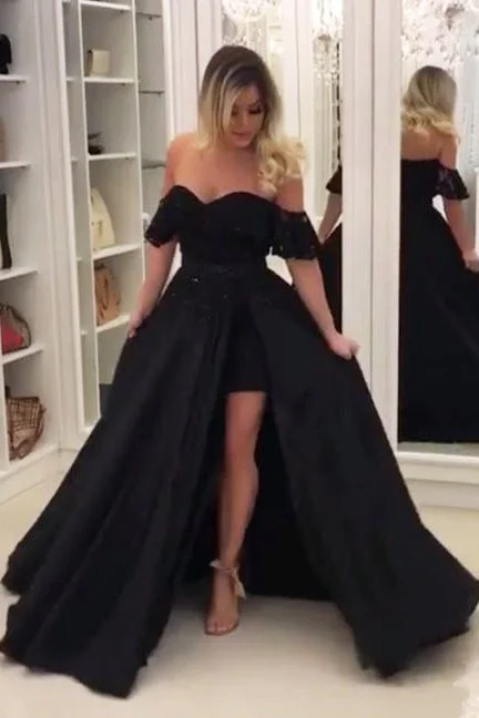 Black Off Shoulder Long Evening Dresses with Lace Unique Split Prom Dresses with Lace N1109