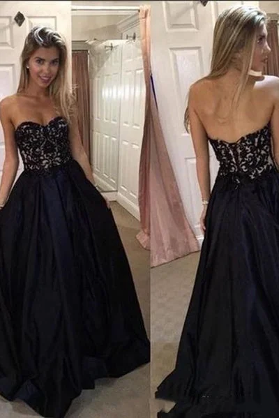 Black Sweetheart Prom Dresses with Lace A Line Strapless Long Graduation Dresses N1726