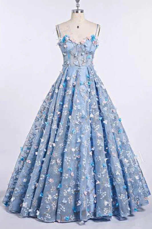 Gorgeous Blue Lace Spaghetti Strap With 3D Flower Prom Dresses