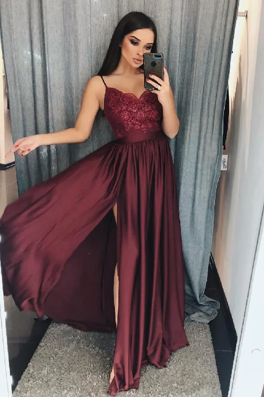 Burgundy Spaghetti Straps Lace V-Neck Side Slit Prom Dresses