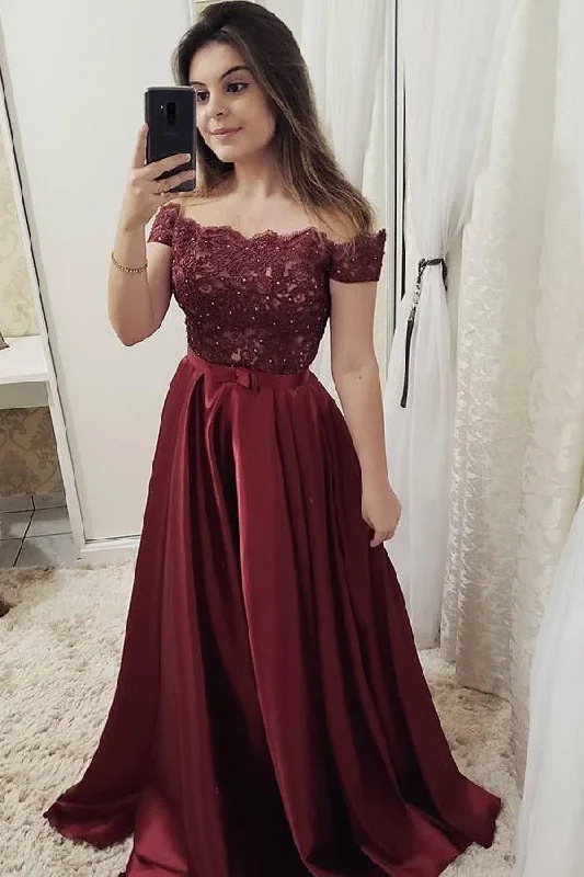 Burgundy Off Shoulder Satin Prom Dresses with Lace A Line  Formal Dresses N1571