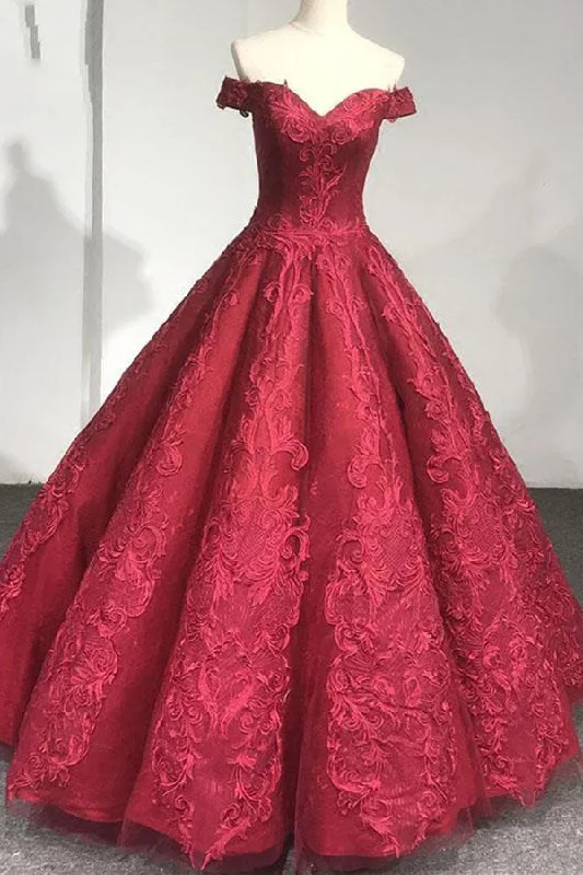 Burgundy Off the Shoulder Puffy Lace Quinceanera Prom Dresses