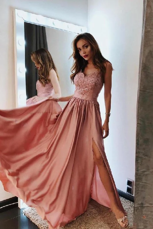 Charming Spaghetti Straps Lace Long Prom Dresses with Side Slit