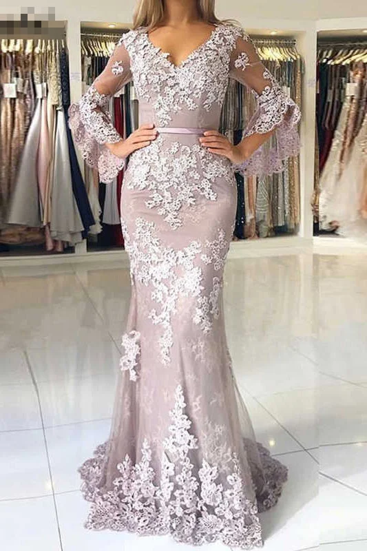 Charming V-Neck Mermaid Lace Appliques Long Sleeves Evening Dresses N2025