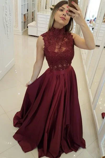 Dark Red High Neck Sleeveless Long Prom Dresses with Lace A Line Graduation Dresses N1576