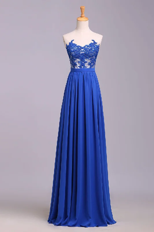 Elegant Strapless Chiffon Evening Dresses with Lace Appliques Long Prom Dresses N1204