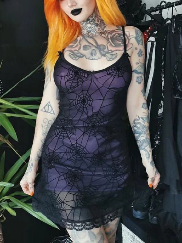 Gothic Lace Stretch Spaghetti Strap Spider Web Contrast Lace Cami Grunge Dress