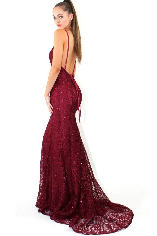 Full Lace V Neck Mermaid Prom Dresses Spaghetti Strap Backless Evening Dresses N1389