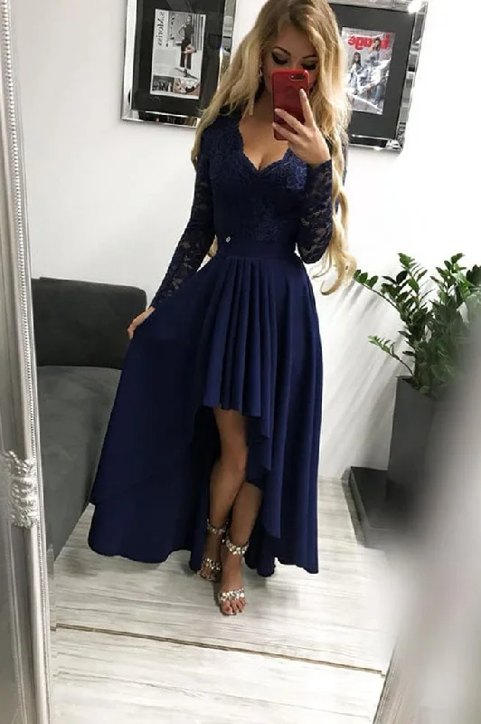 High Low Long Sleeves V-Neck Prom Dresses Dark Blue A Line Graduation Dresses with Lace N1690