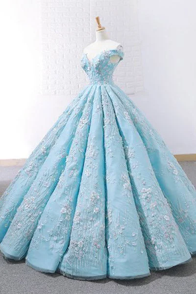 Gorgeous Light Blue Off The Shoulder Lace Appliqued Ball Gown Prom Dresses