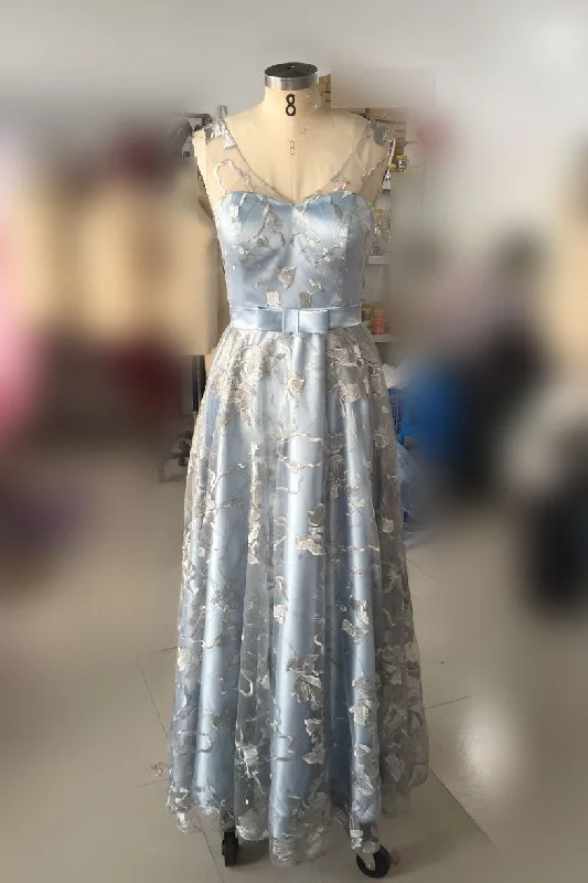 Light Blue Sleeveless Prom Dresses with Lace Lace Floor Length Evening Dresses N1148