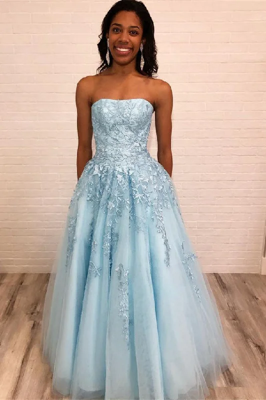 Light Blue Strapless Long Prom Dresses with Lace Appliques N1693