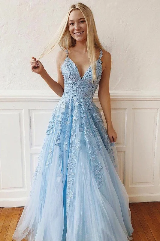 Light Sky Blue Straps V-Neck Prom Dresses with Lace Backless Long Formal Dresses N1736