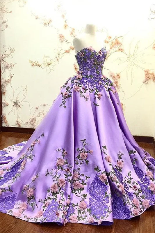 Lilac Ball Gown Sweetheart Lace Appliques Gorgeous Prom Dresses