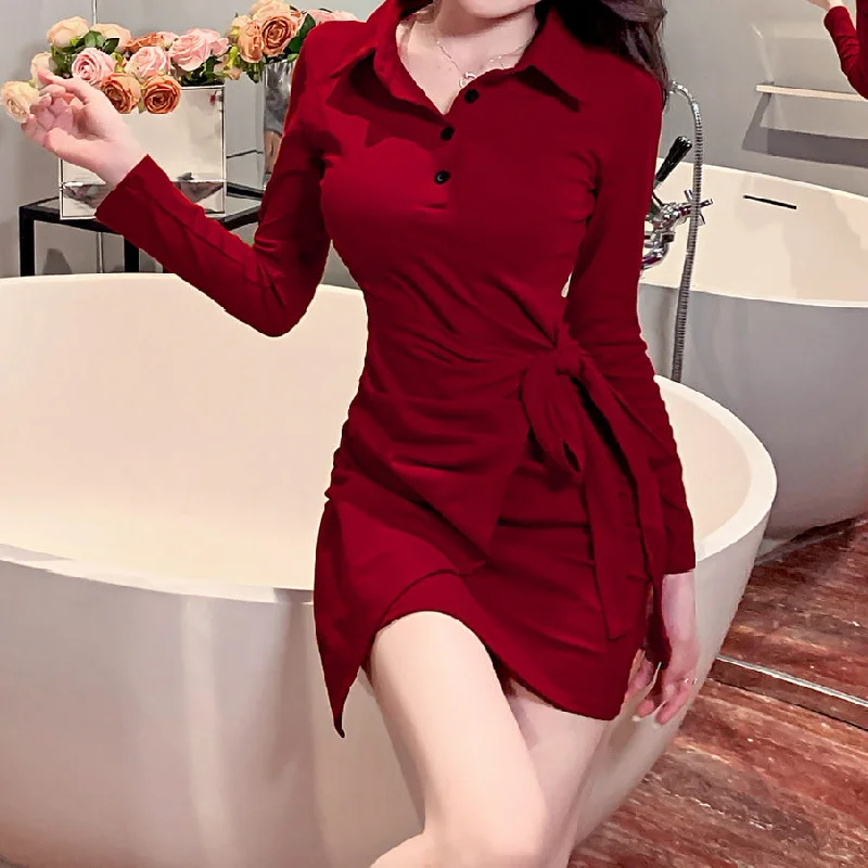 Long-Sleeve Lace-Up Cotton Short Dress