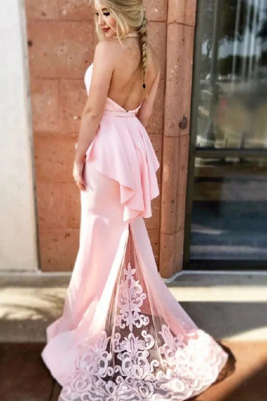 Mermaid Halter Pink Formal Dresses with Lace Sexy Long Backless Satin Prom Dresses N1107