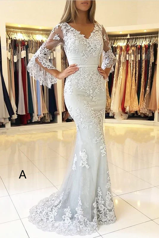 Mermaid White V-Neck Lace Appliqued Evening Dresses with Sleeves N2026