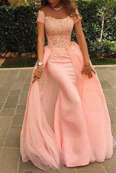 Off The Shoulder Lace Appliqued Coral Mermaid Prom Dresses