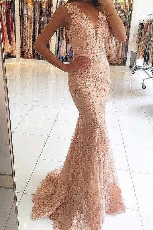 Pink Sleeveless Lace Formal Dresses Mermaid Sheer Back Lace Prom Gown N2029