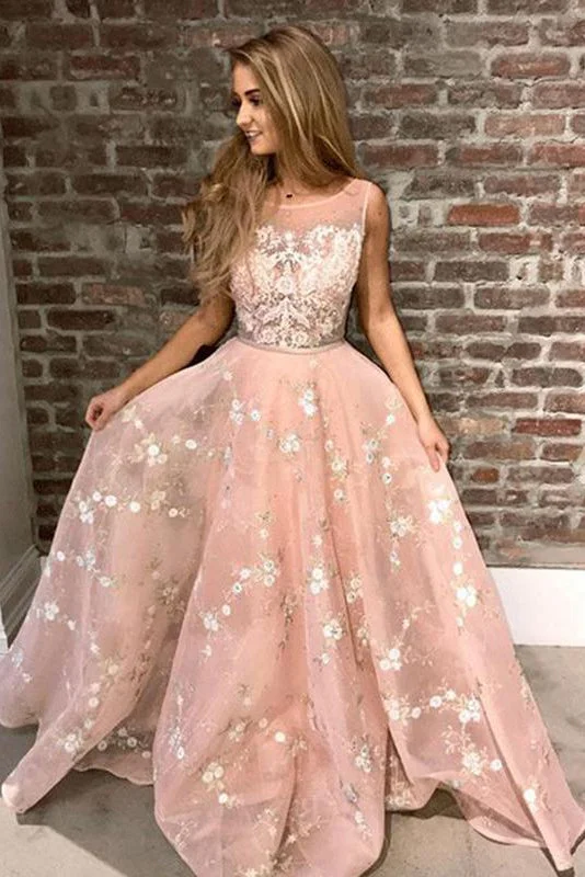 Pink Sleeveless Lace Appliques Prom Dresses Puffy Long Graduation Dresses