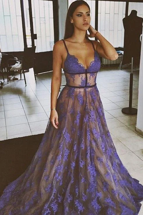 Purple Lace Spaghetti Straps Nude Lining Long Prom Dresses