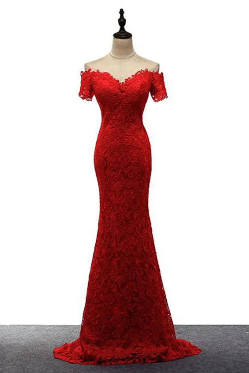 Red Off the Shoulder Mermaid Lace Prom Dresses Sweep Train Long Evening Dresses N1193