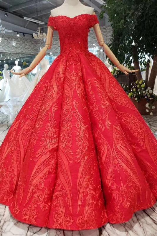 Red Off the Shoulder Puffy Prom Dresses Princess Dresses with Lace Appliques Beads N1643