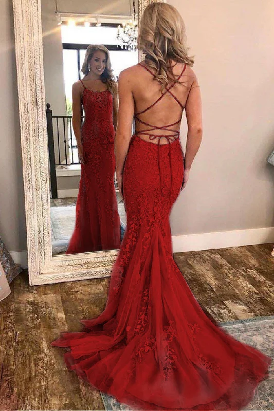 Mermaid Red Spaghetti Strap Lace Appliques Long Prom Dresses