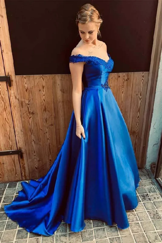 Royal Blue Off the Shoulder Satin Prom Dress with Lace Appliques N1608