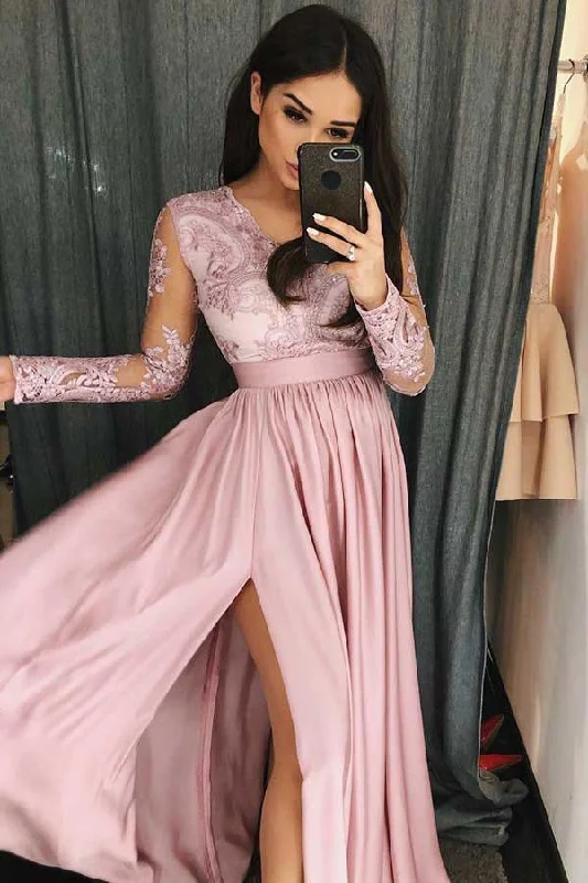 Simple Pink V-Neck Lace Long Sleeves Prom Dress with High Split N1732