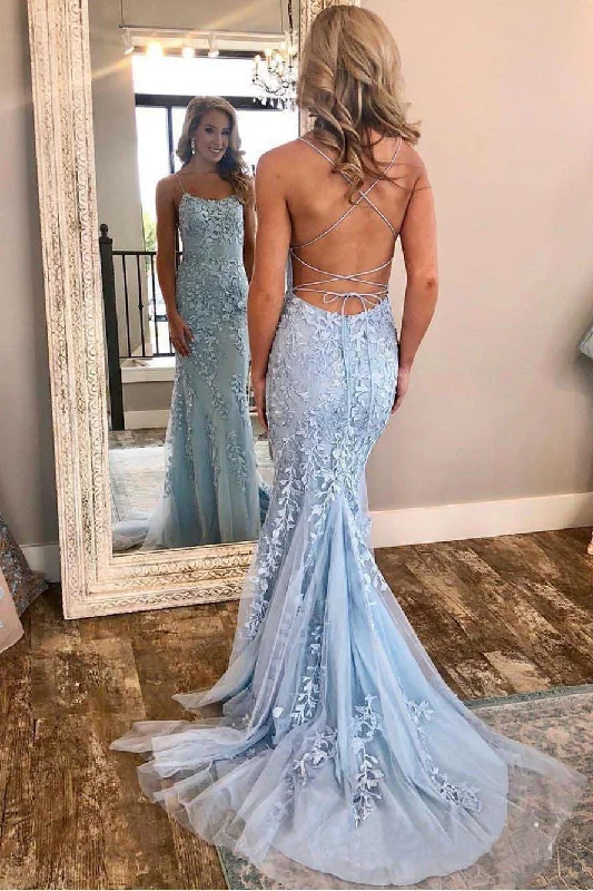 Mermaid Spaghetti Straps Lace Appliques Criss Cross Back Prom Dresses