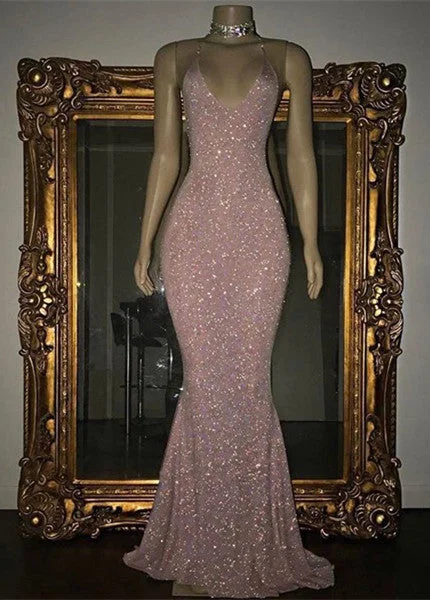 Stunning Long Halter Spaghetti Straps Sequined Mermaid Prom Dress