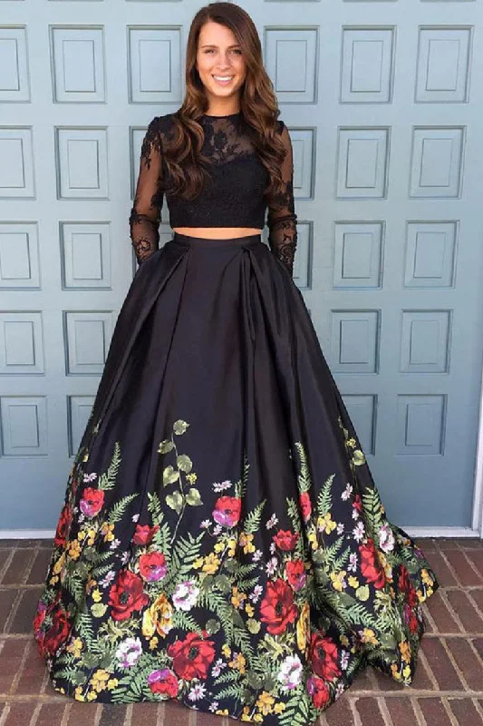 Two Piece Black Long Sleeve Formal Dresses with Appliques Long Prom Dresses with Lace N1400