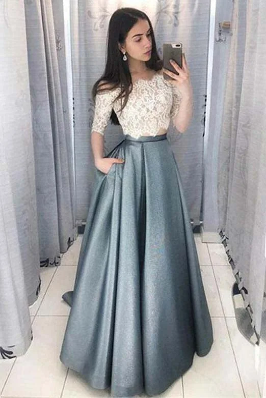 Two Piece Off-the-Shoulder Half Sleeves Satin Prom Dresses with Lace Top N1444