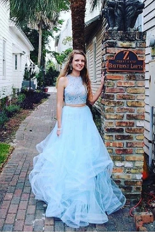 Two Pieces Blue Lace Round Neck Sleeveless A Line For Teens Prom Gown Dresses N1260